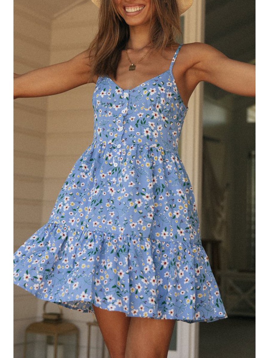 V-neck Straps Ruffle Print Mini Dress