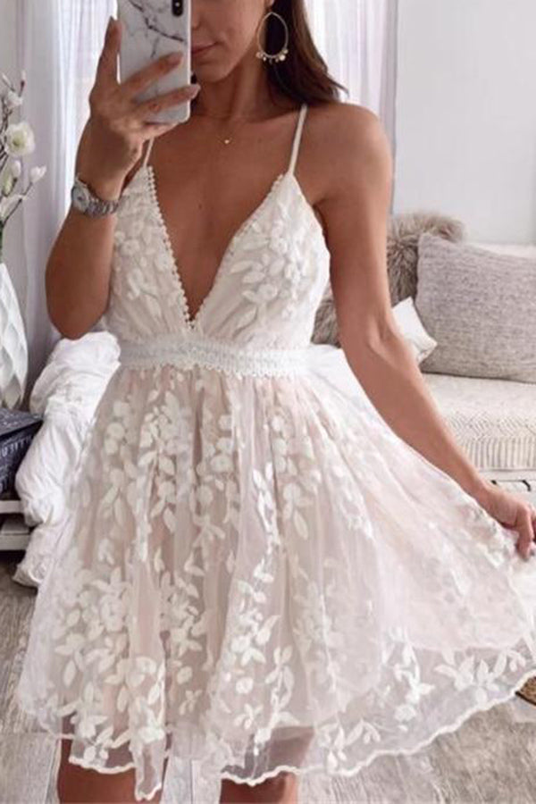 Lunimesd V-Neck Lace Embroidered White Dress