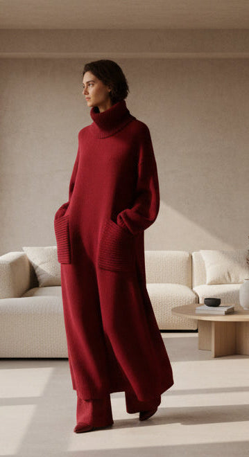 WOMEN'S SOLID COLOR HIGH-NECK LONG-SLEEVE CASUAL LOOSE KNIT DRESS