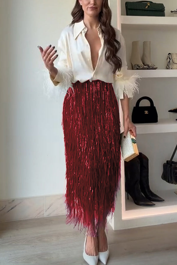 SEQUIN TASSEL HIGH RISE MIDI SKIRT