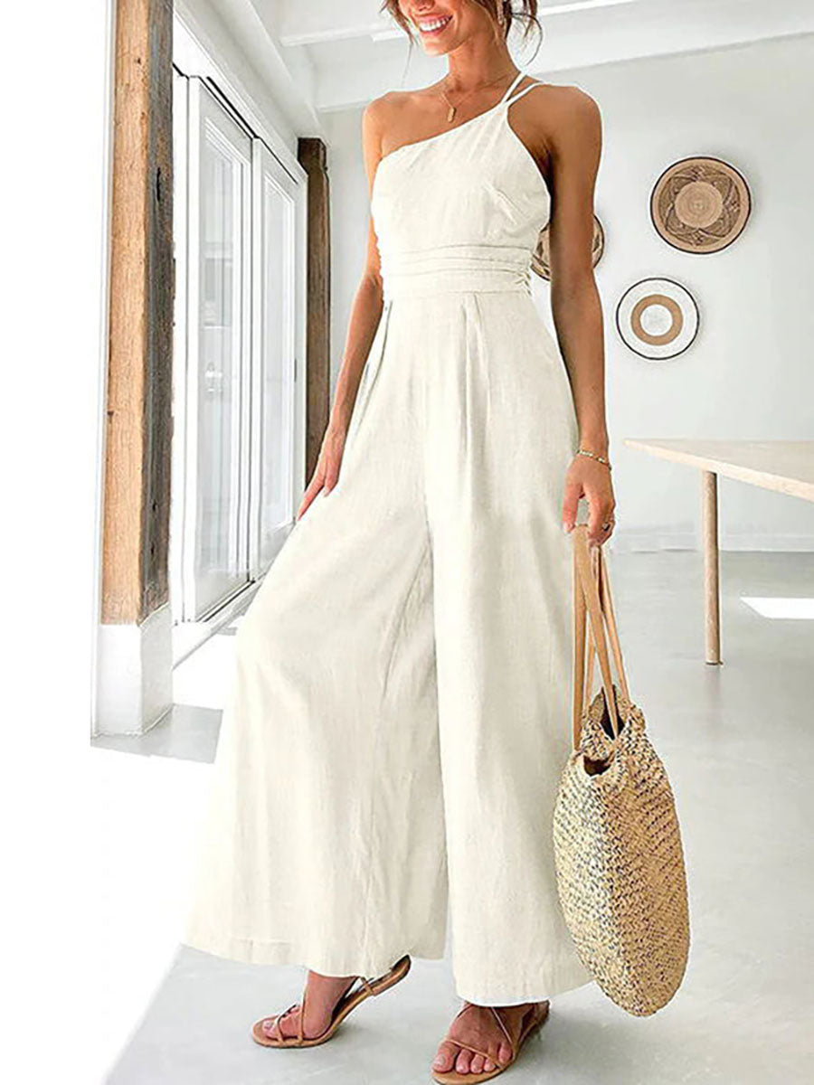 Lunimesd Chic Journey One Shoulder Straps Wide Leg Jumpsuit（8 colors）