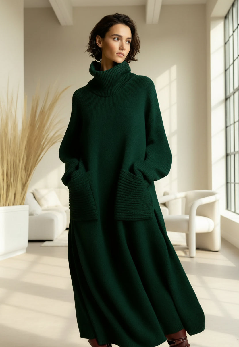WOMEN'S SOLID COLOR HIGH-NECK LONG-SLEEVE CASUAL LOOSE KNIT DRESS