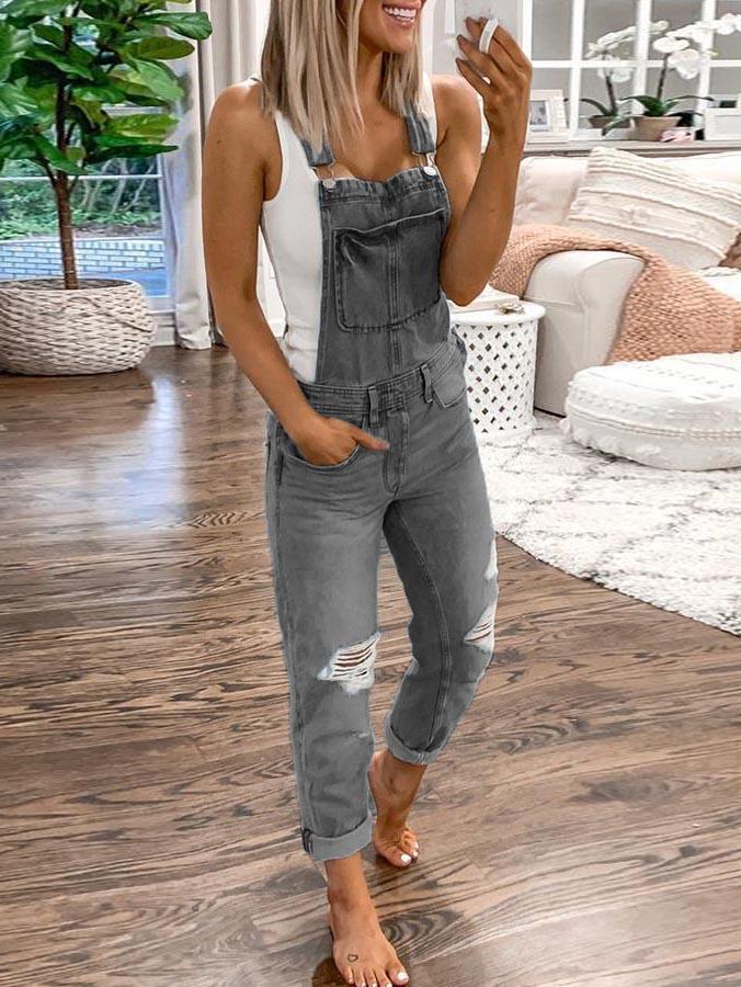 Lunimesd Plain Denim Ripped Jumpsuit