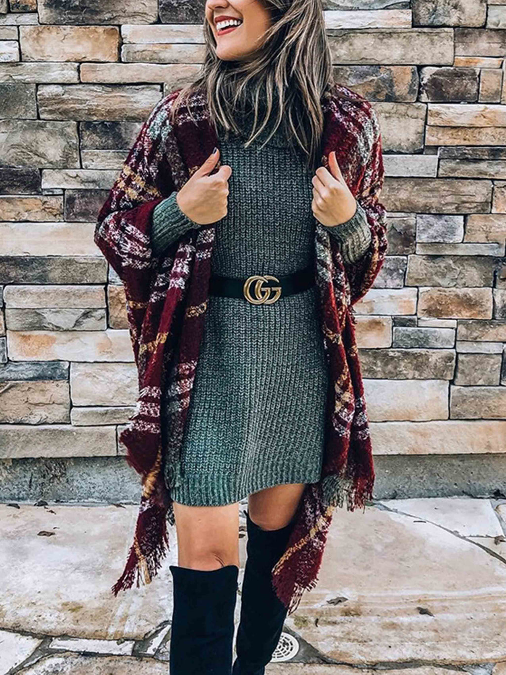 Lunimesd Plaid Fringed Knit Shawl Coat