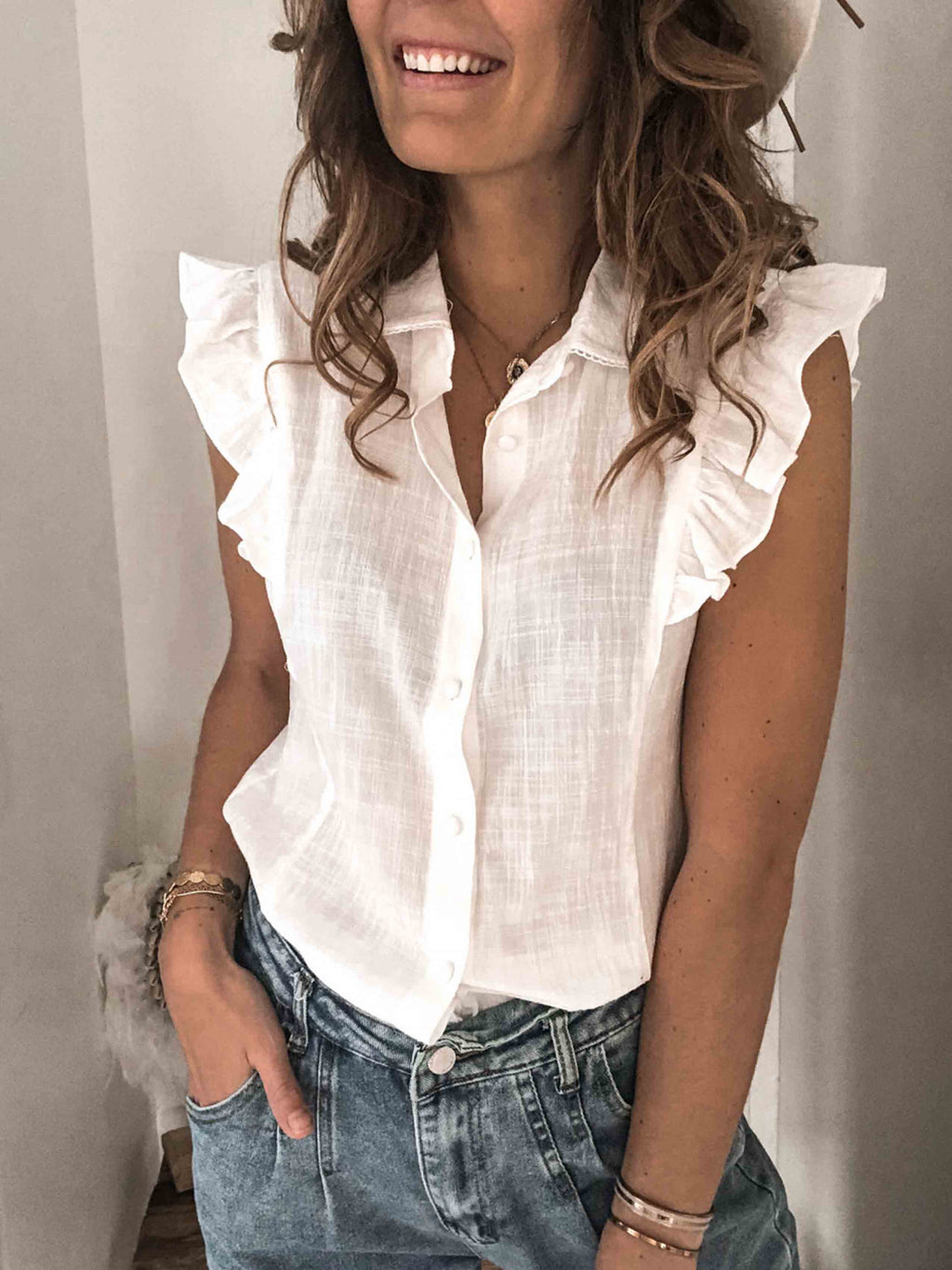 Lunimesd Lapel Button Ruffled Shirt