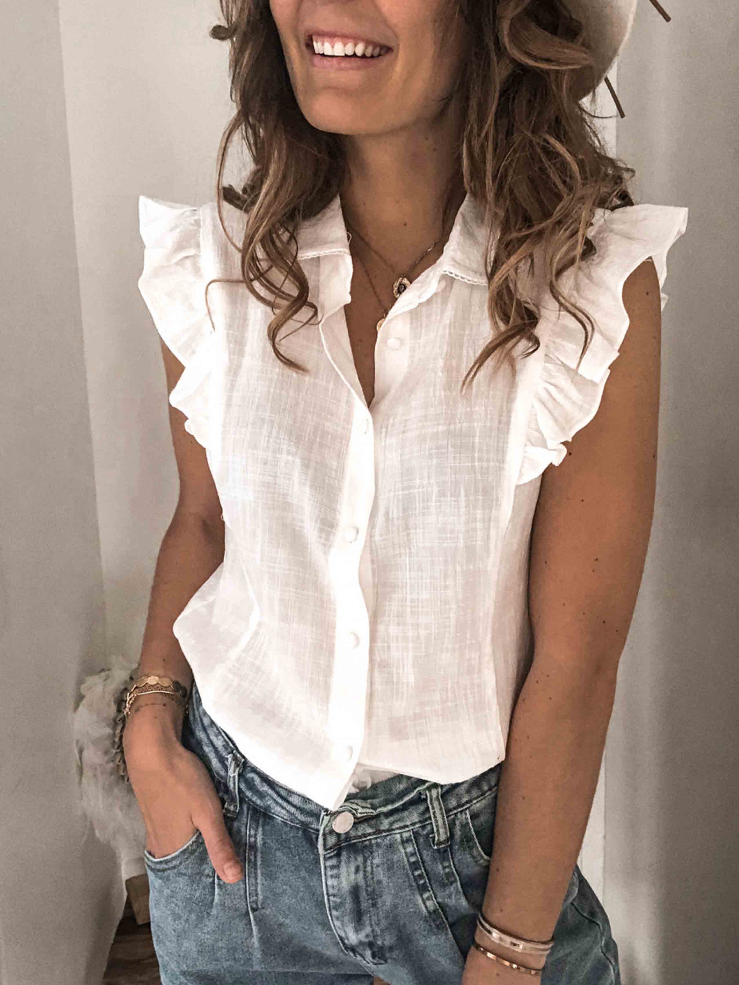 Lunimesd Lapel Button Ruffled Shirt