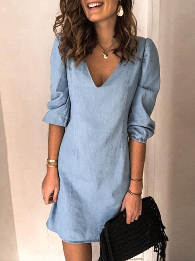 Lunimesd V-neck Half Sleeve Denim Mini Dress