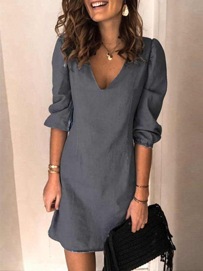 Lunimesd V-neck Half Sleeve Denim Mini Dress