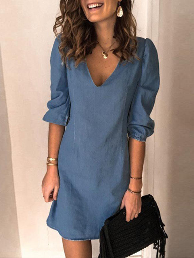 Lunimesd V-neck Half Sleeve Denim Mini Dress