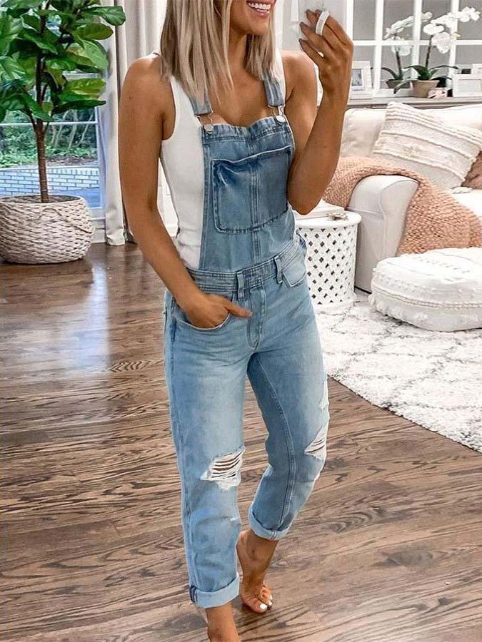 Lunimesd Plain Denim Ripped Jumpsuit
