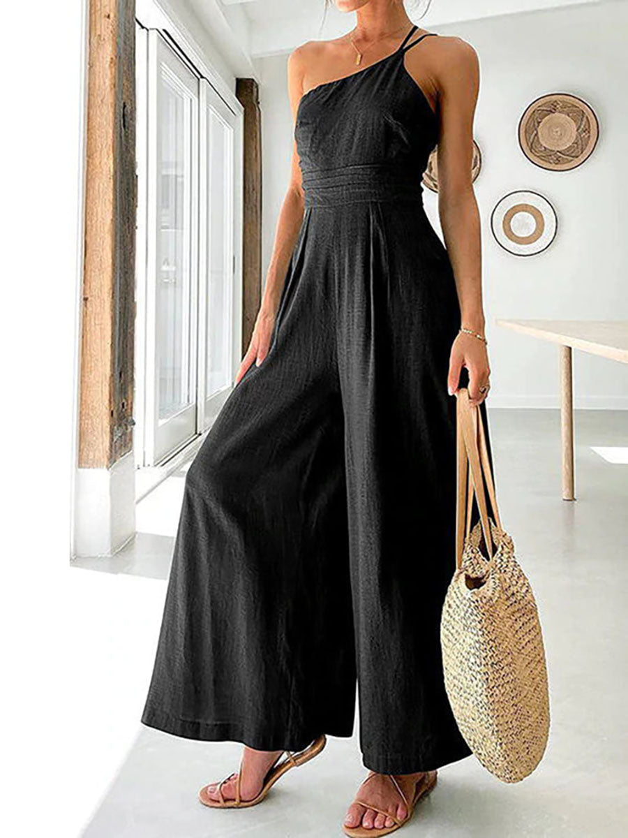 Lunimesd Chic Journey One Shoulder Straps Wide Leg Jumpsuit（8 colors）