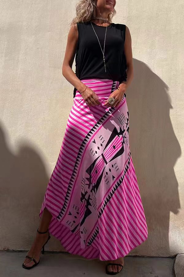 Lunimesd Eva Satin Geometric Print Elastic Waist Maxi Skirt