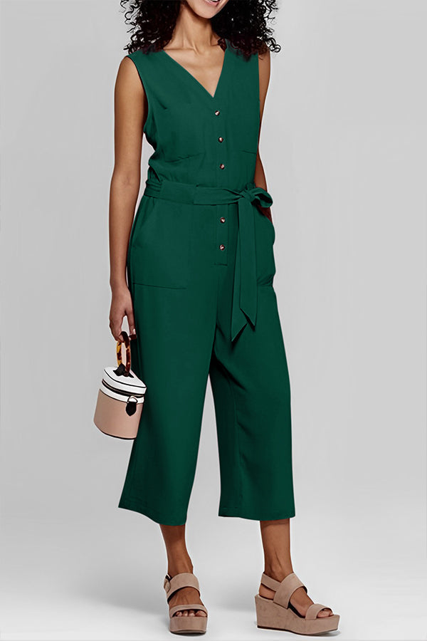 Lunimesd Buttoned Sleeveless Cropped Jumpsuit With Sash
