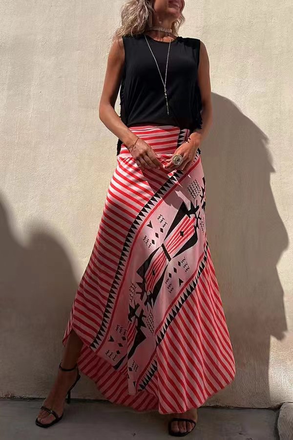 Lunimesd Eva Satin Geometric Print Elastic Waist Maxi Skirt