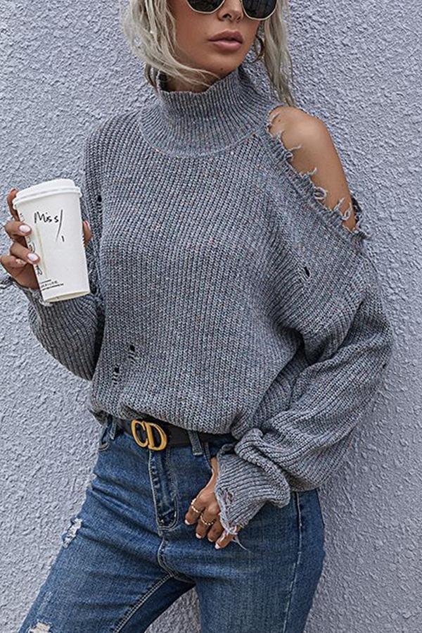 Lunimesd Loose Off-shoulder Ripped Long-sleeved High-neck Knitted Sweater