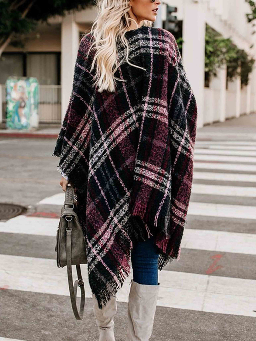 Lunimesd Plaid Fringed Knit Shawl Coat
