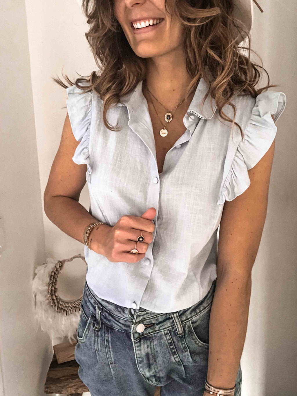 Lunimesd Lapel Button Ruffled Shirt