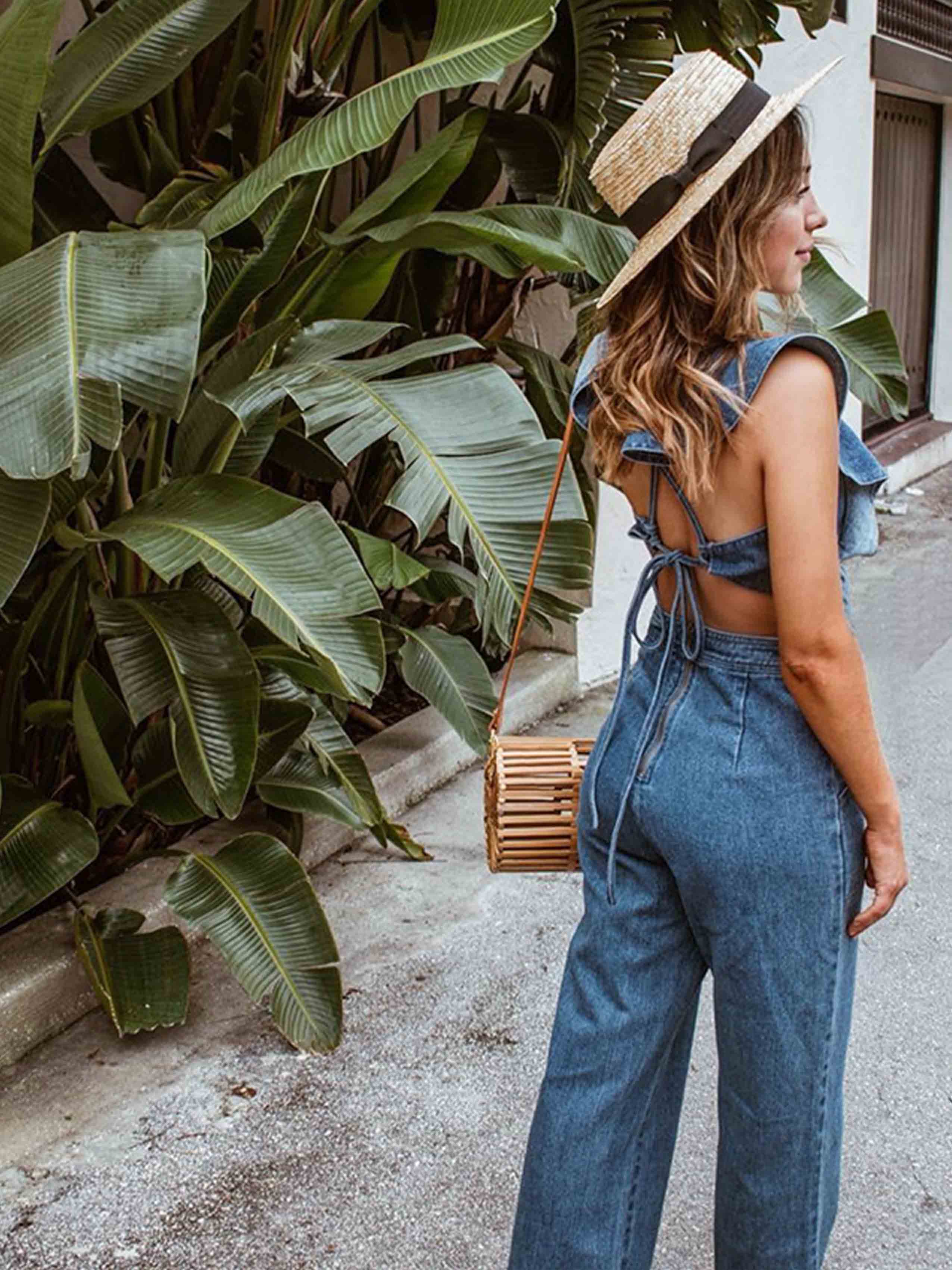 Lunimesd O Neck Flouncing Denim Jumpsuit