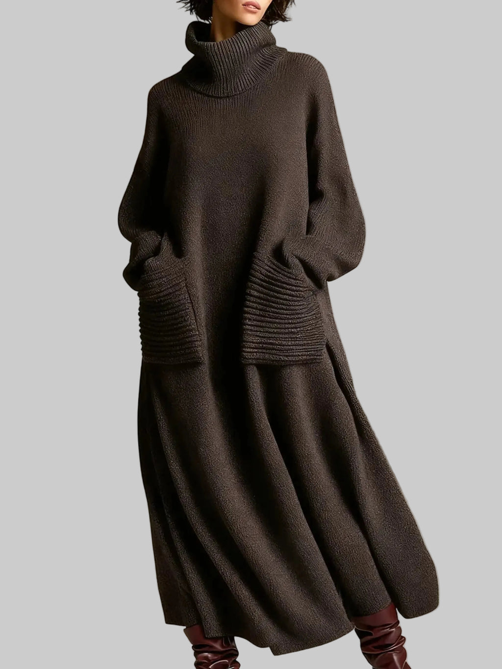 WOMEN'S SOLID COLOR HIGH-NECK LONG-SLEEVE CASUAL LOOSE KNIT DRESS