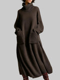 WOMEN'S SOLID COLOR HIGH-NECK LONG-SLEEVE CASUAL LOOSE KNIT DRESS