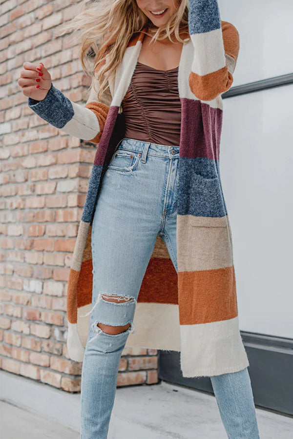 Lunimesd Multicolor Knitted Color Block Open Front Long Cardigan