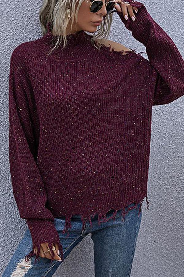 Lunimesd Loose Off-shoulder Ripped Long-sleeved High-neck Knitted Sweater