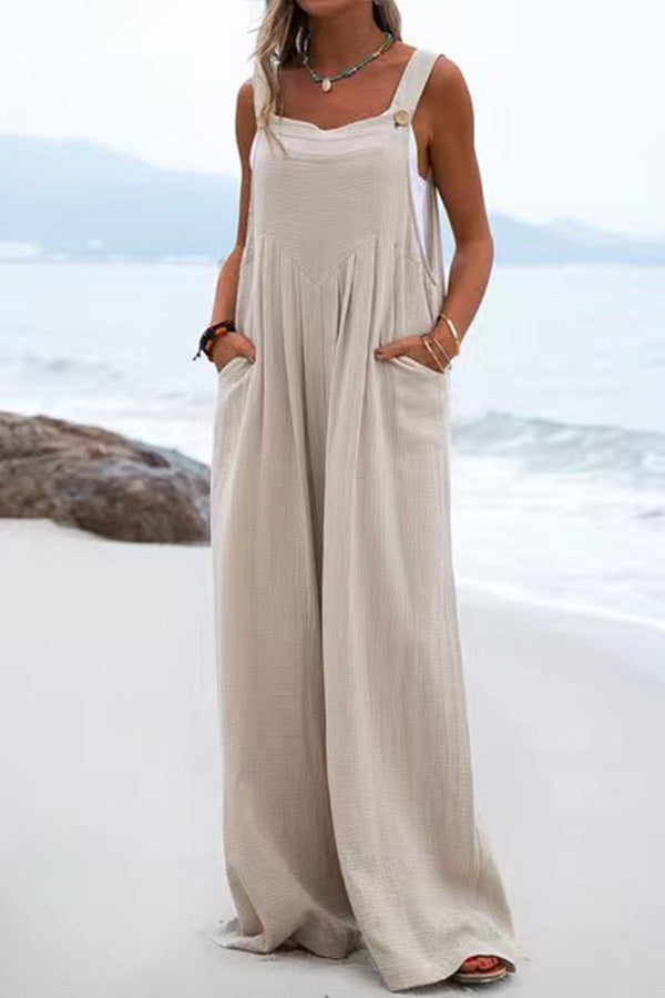 Lunimesd Ethnic Button Suspender Wide Leg Line Jumpsuit