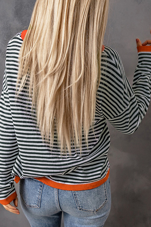 Lunimesd Striped Color Contrast Dropped Shoulder Long Sleeve Top