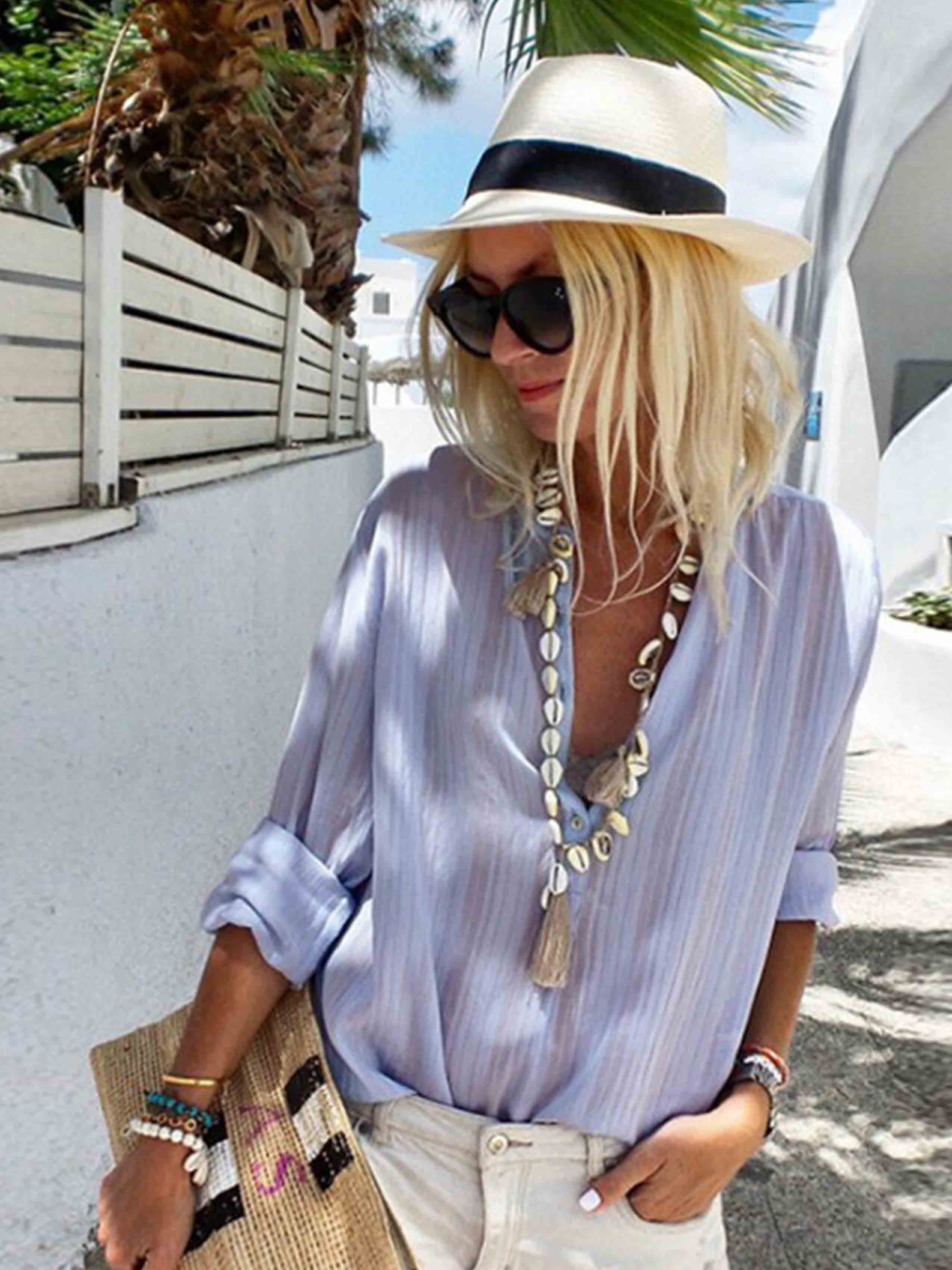 Lunimesd Casual V Neck Button Blouse Tops