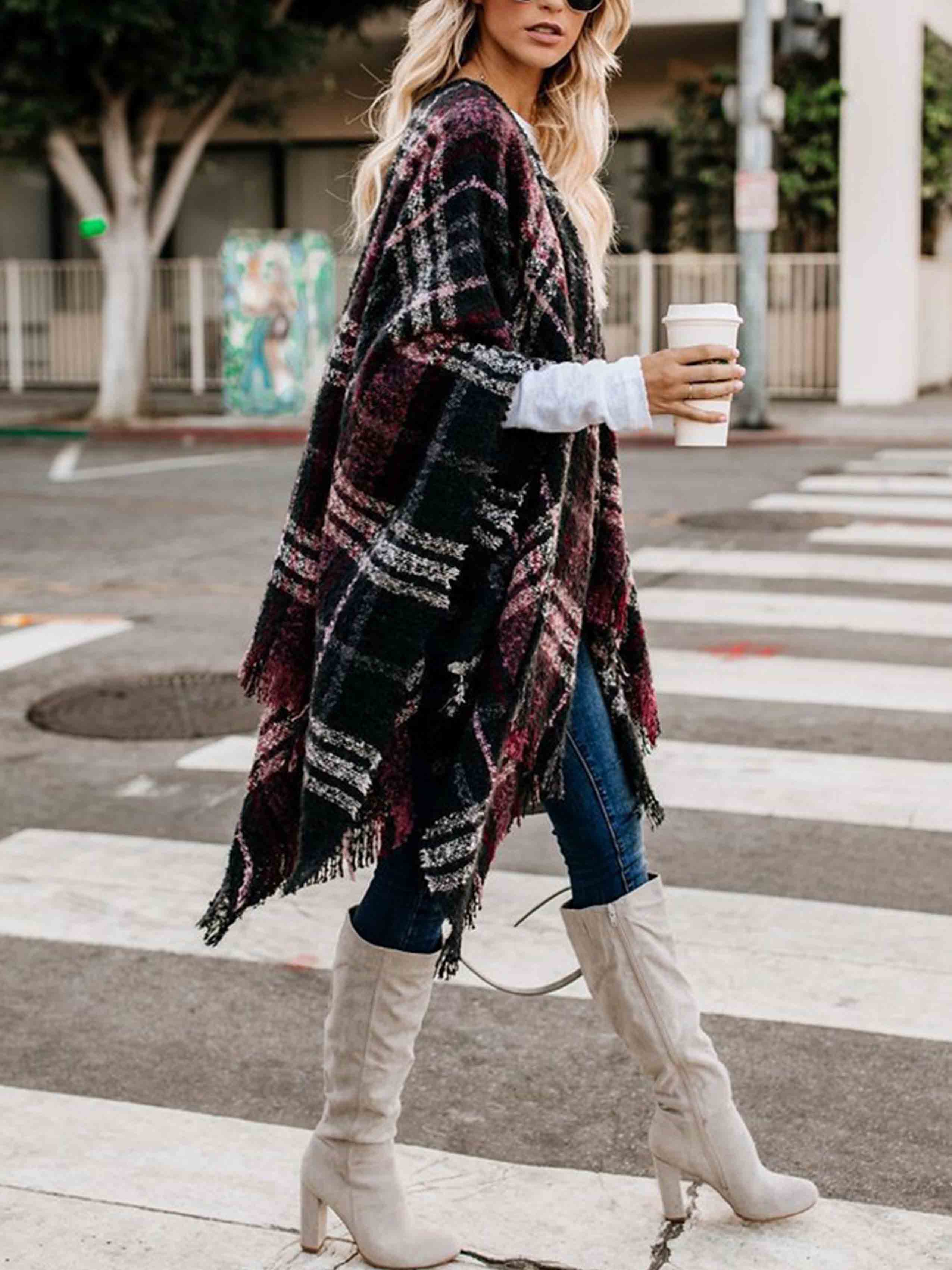 Lunimesd Plaid Fringed Knit Shawl Coat