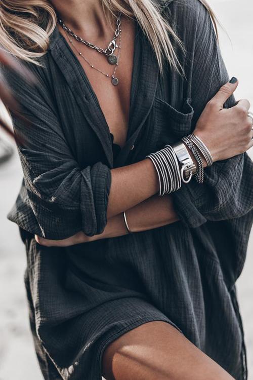 Lunimesd Button Pockets Drawstring Waist Dress