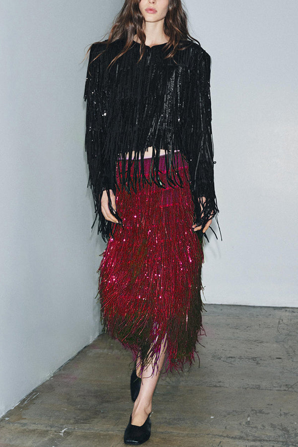 SEQUIN TASSEL HIGH RISE MIDI SKIRT