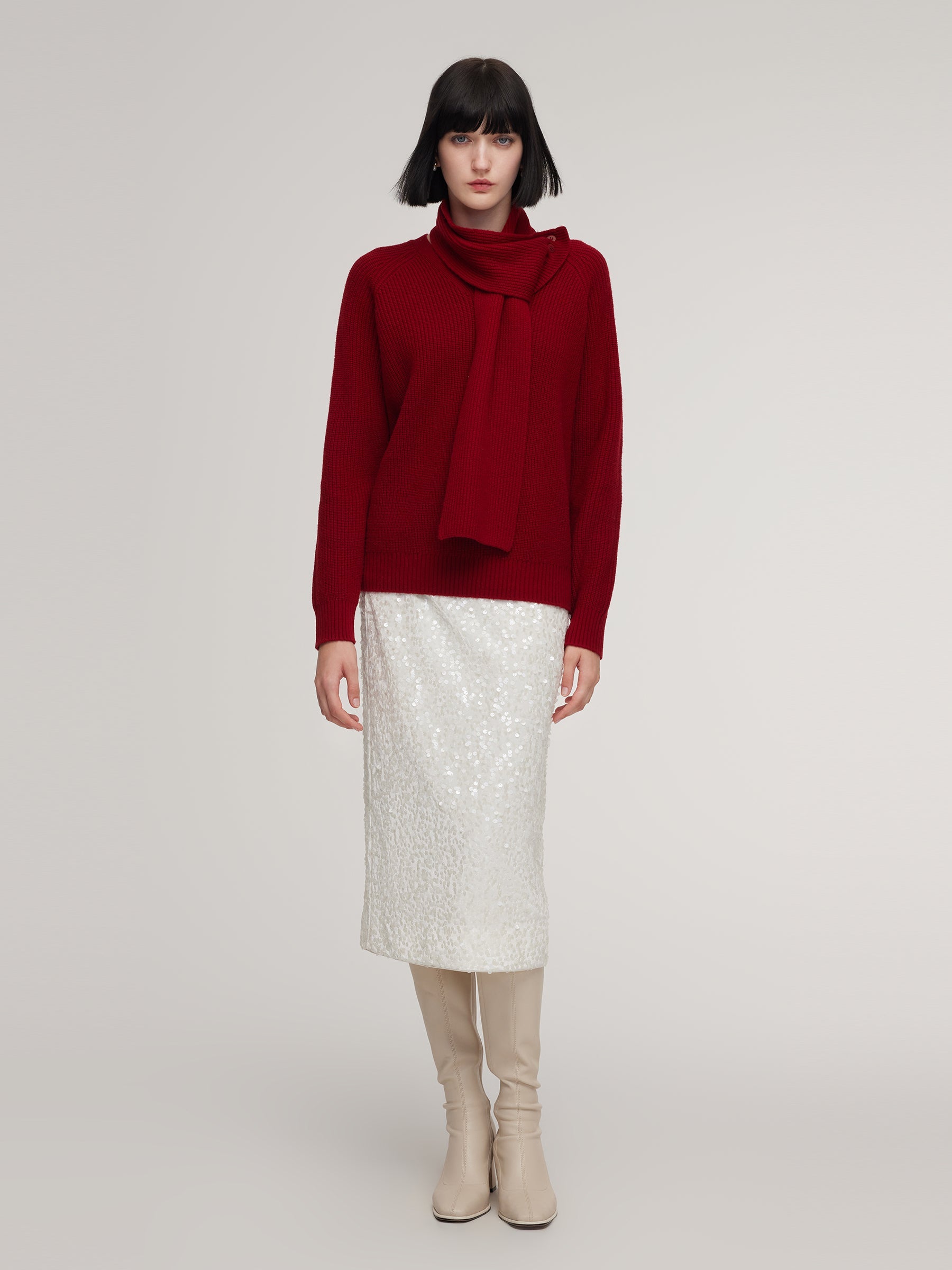 WOOL BLEND V-NECK WOMEN SWEATER WITH DETACHABLE SCARF