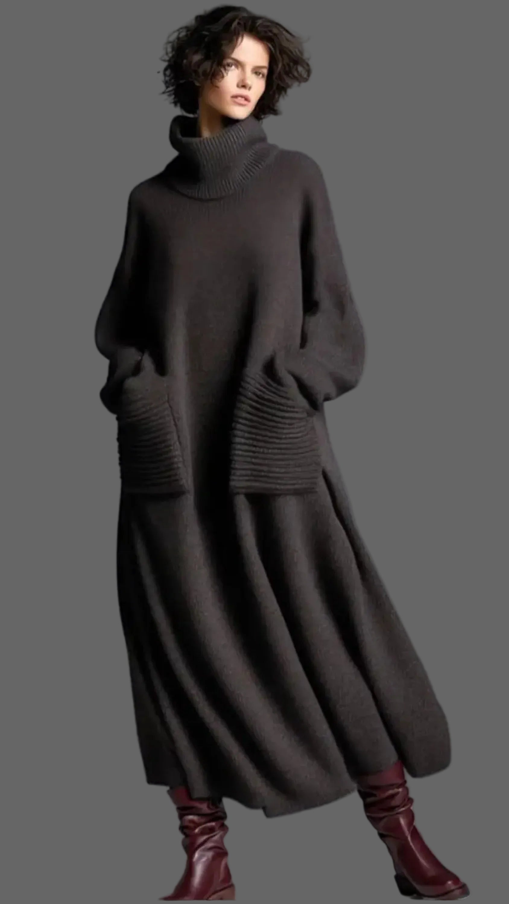 WOMEN'S SOLID COLOR HIGH-NECK LONG-SLEEVE CASUAL LOOSE KNIT DRESS