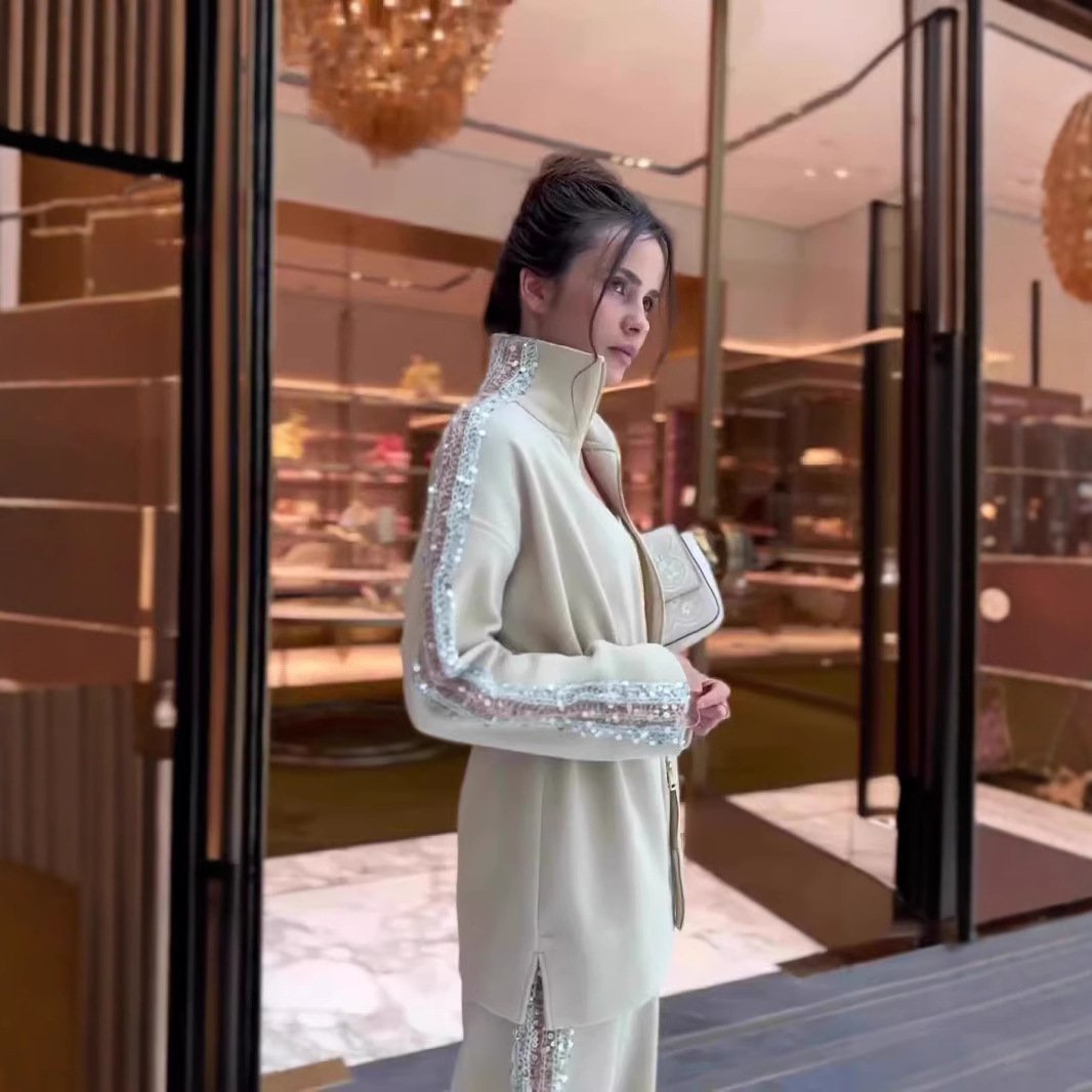 Elegant Sequin-Trimmed Top and Wide-Leg Pants 2-Piece Set