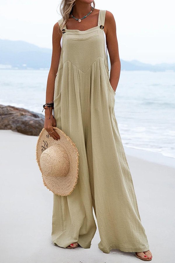 Lunimesd Ethnic Button Suspender Wide Leg Line Jumpsuit