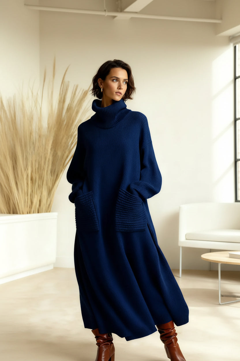 WOMEN'S SOLID COLOR HIGH-NECK LONG-SLEEVE CASUAL LOOSE KNIT DRESS