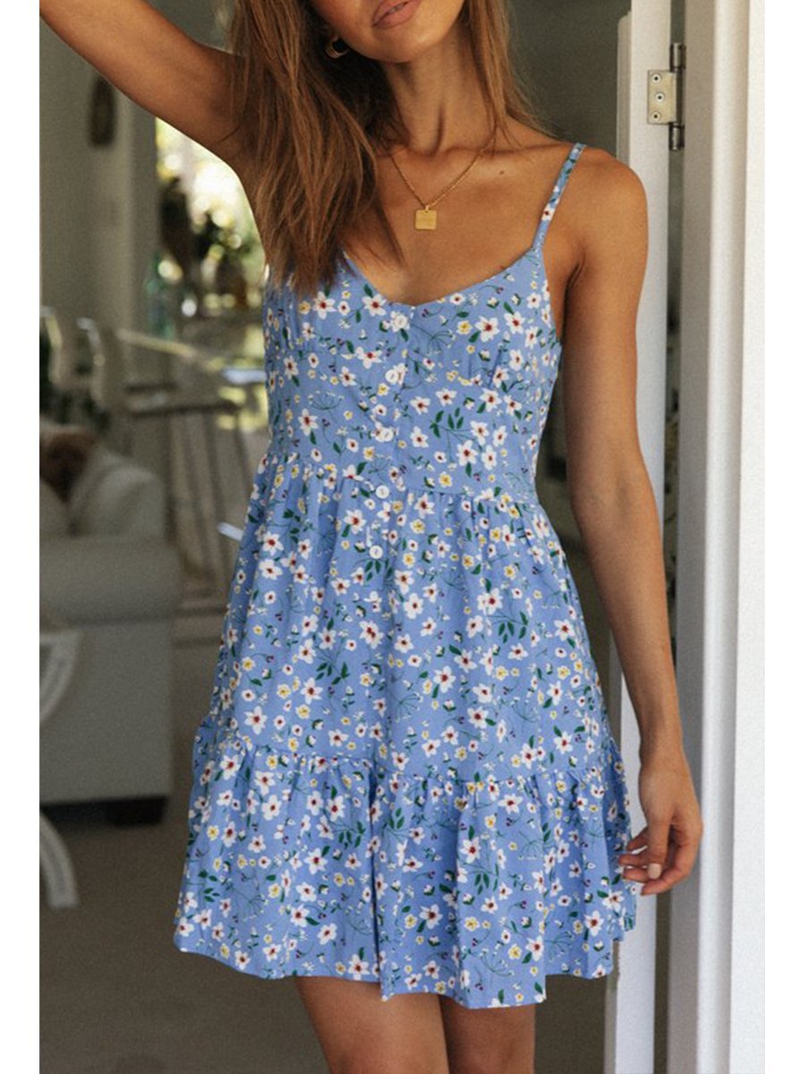 V-neck Straps Ruffle Print Mini Dress