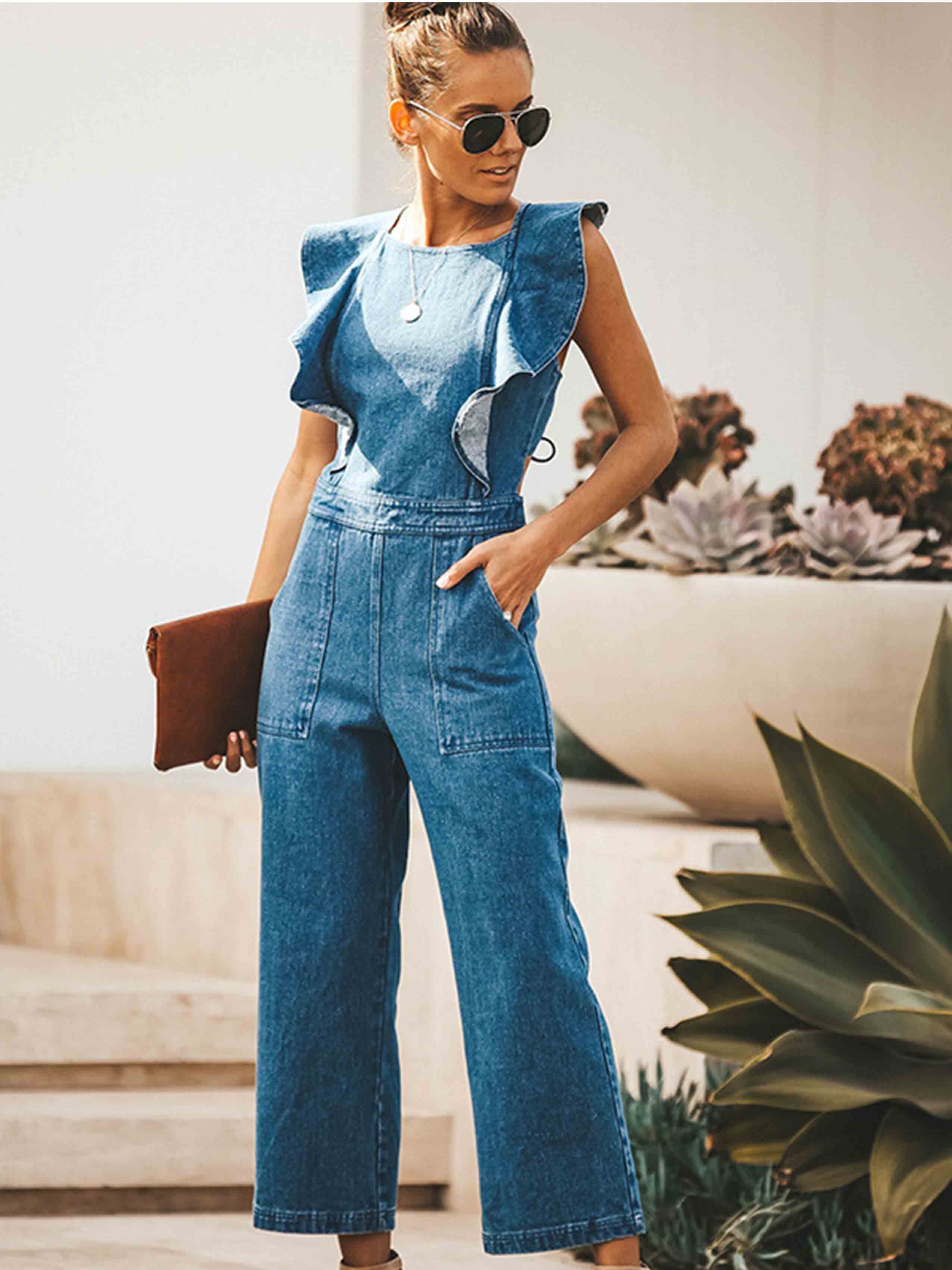 Lunimesd O Neck Flouncing Denim Jumpsuit