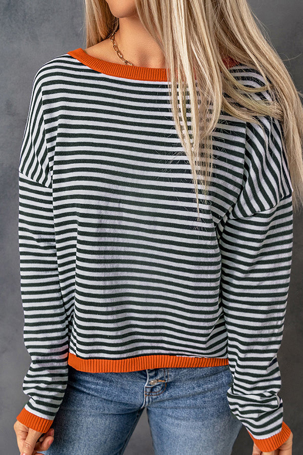 Lunimesd Striped Color Contrast Dropped Shoulder Long Sleeve Top