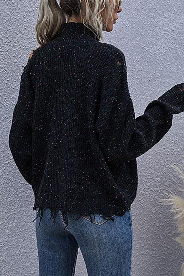 Lunimesd Loose Off-shoulder Ripped Long-sleeved High-neck Knitted Sweater