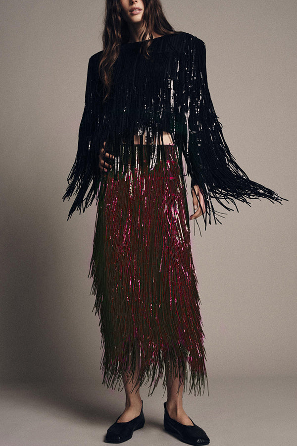SEQUIN TASSEL HIGH RISE MIDI SKIRT