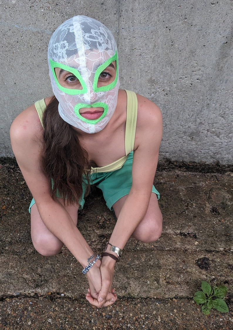 Off white floral lace mask with neon green eyes and lips contours 58