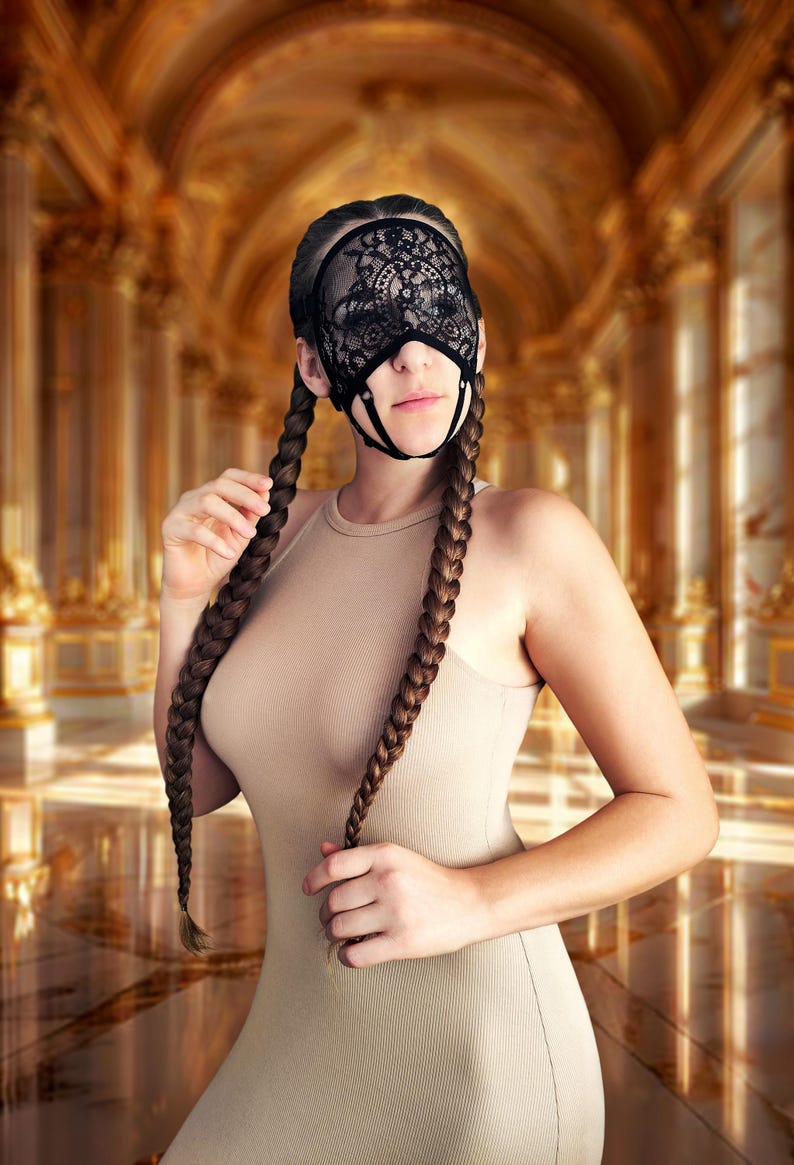 Handmade black half-face mask with straps 66