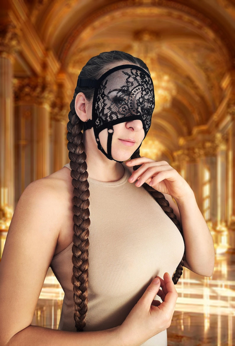 Handmade black half-face mask with straps 66