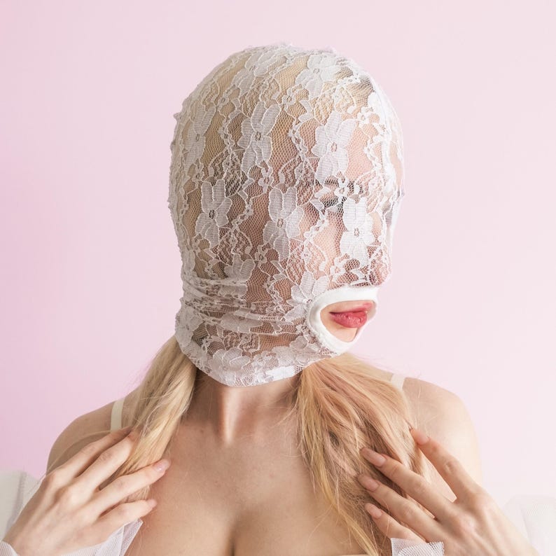 Handmade white full-face mask with only the mouth showing 70