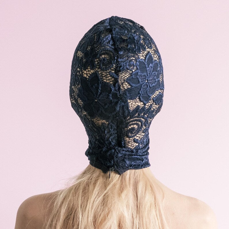 Handmade blue full-face mask with only the mouth showing 72