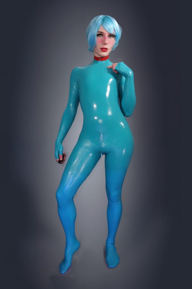Teal Latex Full-Body Catsuit – Sleek Futuristic Bodysuit