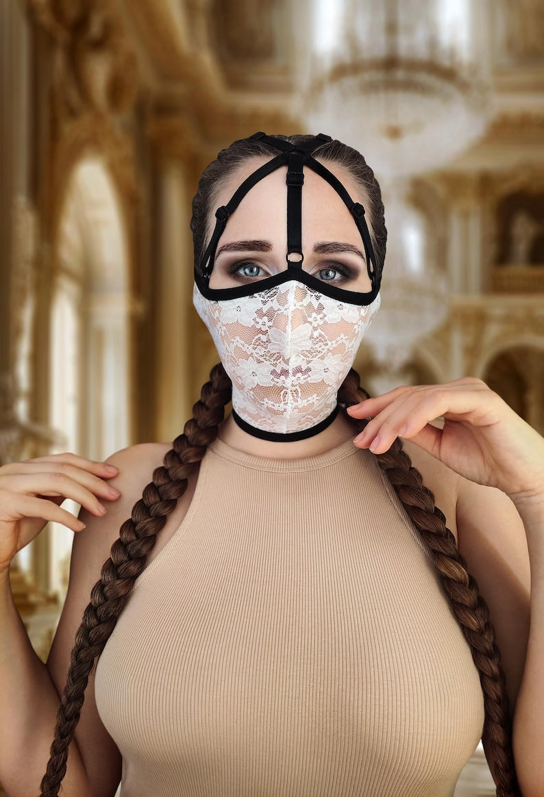 Handmade white lace mask with straps 48