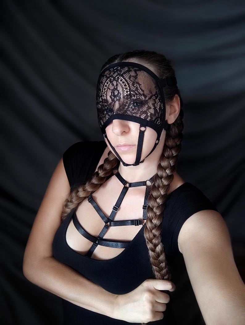 Handmade black half-face mask with straps 66